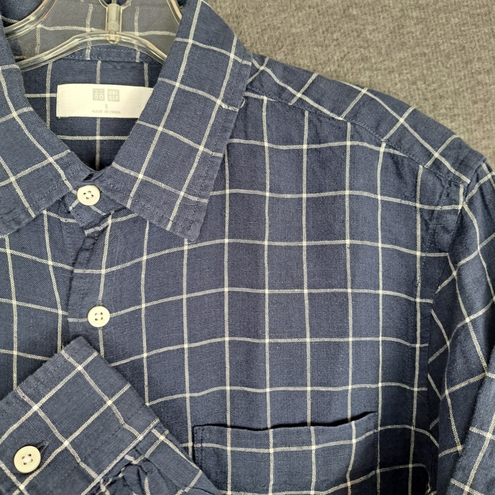 Uniqlo Shirt Mens Small Blue White Plaid Linen Button Up Long Sleeve Casual